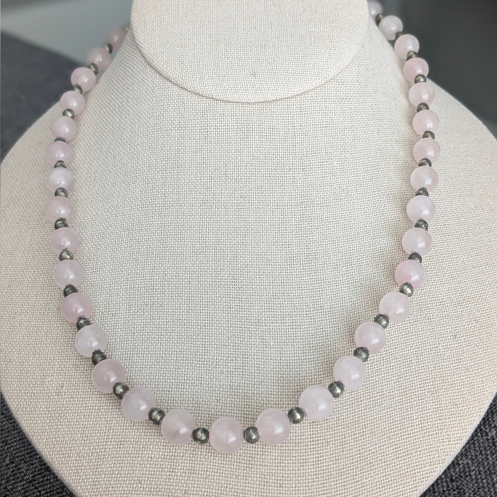 Vintage Pink Jade Beaded Necklace Silver Clasp 18” Elegant
